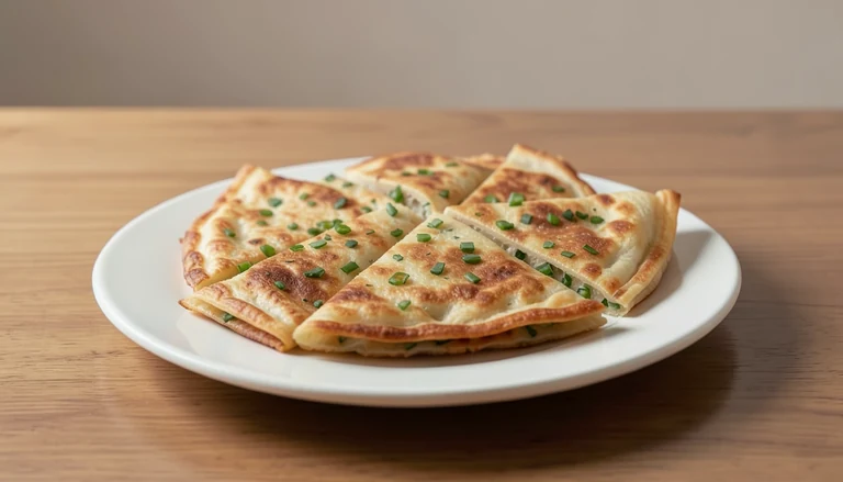 AI illustration of thin golden scallion pancake wedges with flaky edges