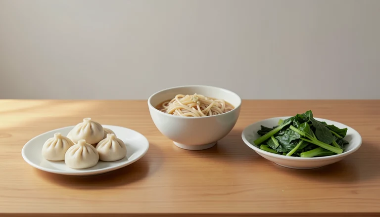 AI illustration of Illustration of a shared table with closed dumplings, noodles and cooked greens.