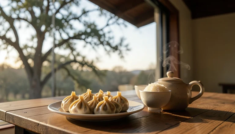 AI illustration of An imagined shared Chinese table: a plate of dumplings, a bowl of rice and a pot of tea in warm evening light, with no restaurant signage.