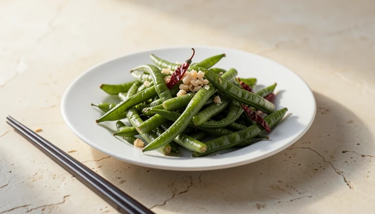 AI illustration of wok-blistered green beans with garlic and dried chili