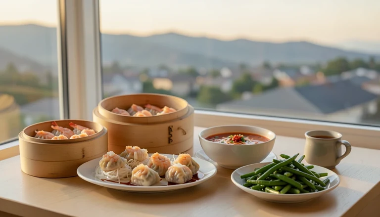 AI illustration of An imagined shared Chinese table: bamboo steamers of dumplings and rice noodle rolls, a bowl of chili noodle soup, a dish of green beans and a pot of tea in warm evening light, with no restaurant signage.