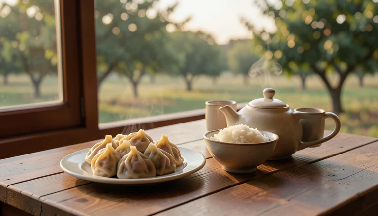 AI illustration of An imagined shared Chinese table: a plate of dumplings, a bowl of rice and a pot of tea in warm evening light, with no restaurant signage.