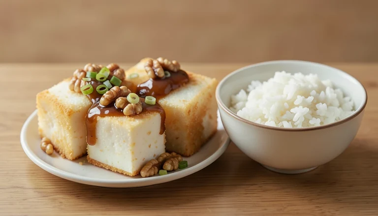 AI illustration of crisp tofu with candied walnuts in a glossy brown sauce