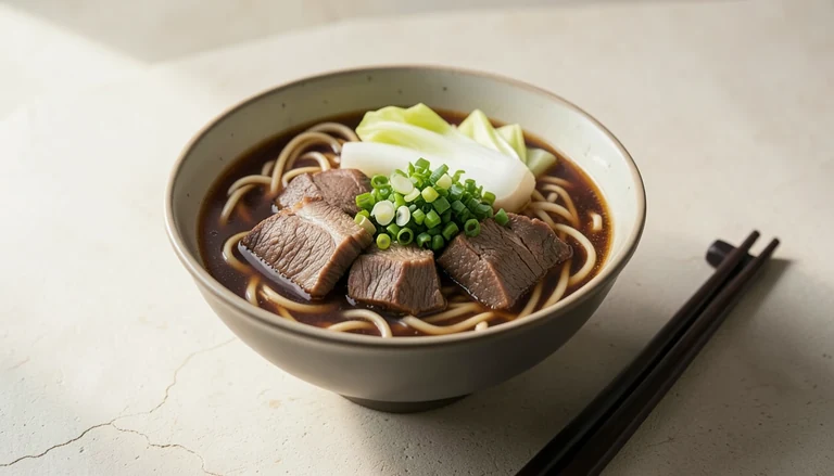 AI illustration of Taiwanese braised beef noodle soup with chunks of beef, greens and scallion