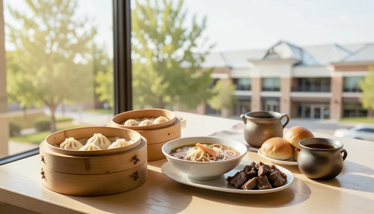 AI illustration of An imagined shared Chinese table in warm daylight: bamboo steamers of soup dumplings and shrimp dumplings, a bowl of beef noodle soup with hand-pulled noodles, a plate of steamed fish under chopped red chilies and a pot of tea, with no restaurant signage.