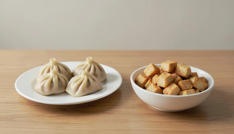 AI illustration of Generic editorial illustration of cooked chicken dumplings and crispy tofu in separate dishes.