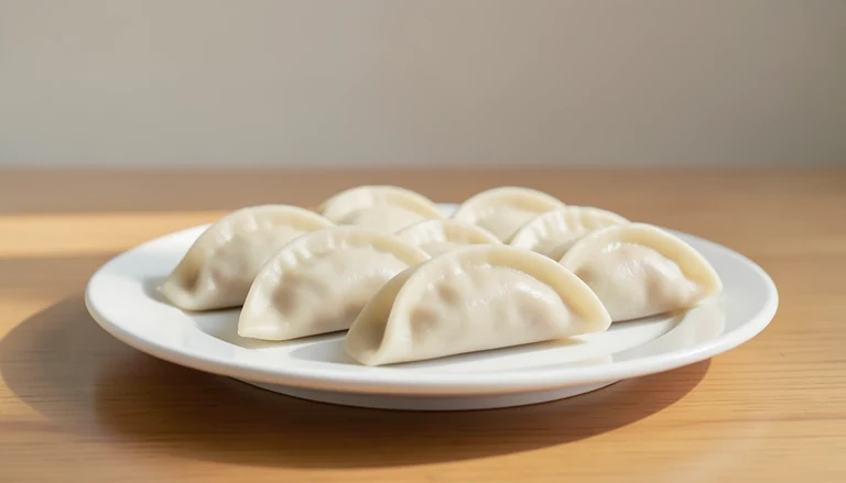 AI illustration of Generic illustration of cooked closed half-moon har gow dumplings on a plain plate.
