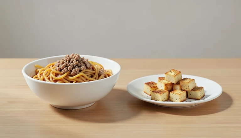 AI illustration of Generic illustration of cooked Dan Dan noodles and salt-and-pepper tofu in two dishes.
