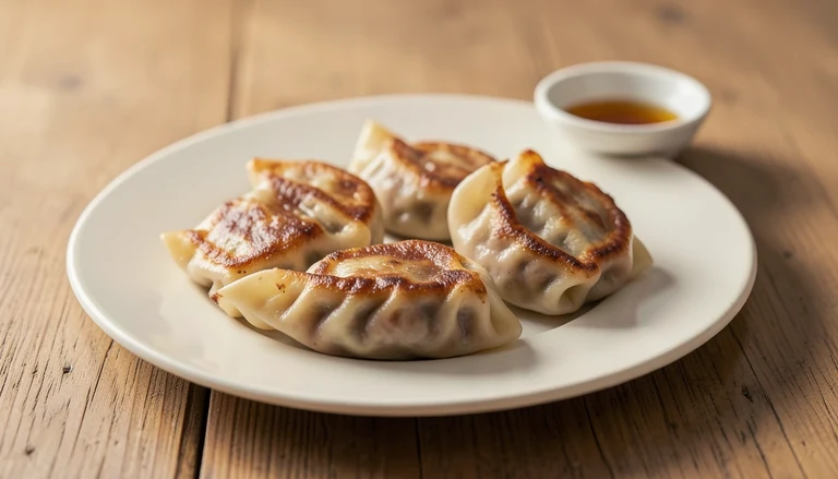 AI illustration of pan-fried meat dumplings with a browned underside