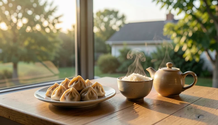 AI illustration of An imagined shared Chinese table: a plate of dumplings, a bowl of rice and a pot of tea in warm evening light, with no restaurant signage.