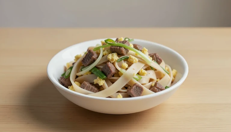 AI illustration of broad flat noodles with cooked beef, scallion, bean sprouts and mixed egg
