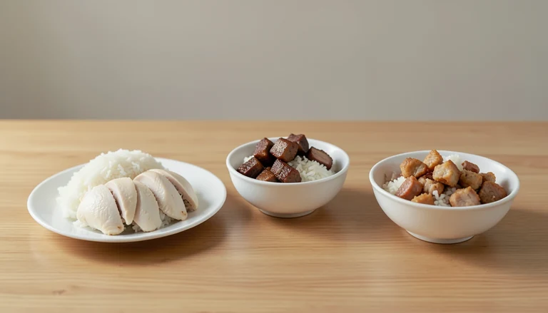 AI illustration of Illustration of cooked chicken with rice beside two pork rice dishes.
