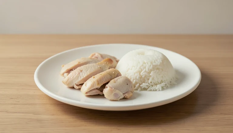 AI illustration of pale cooked chicken beside white rice