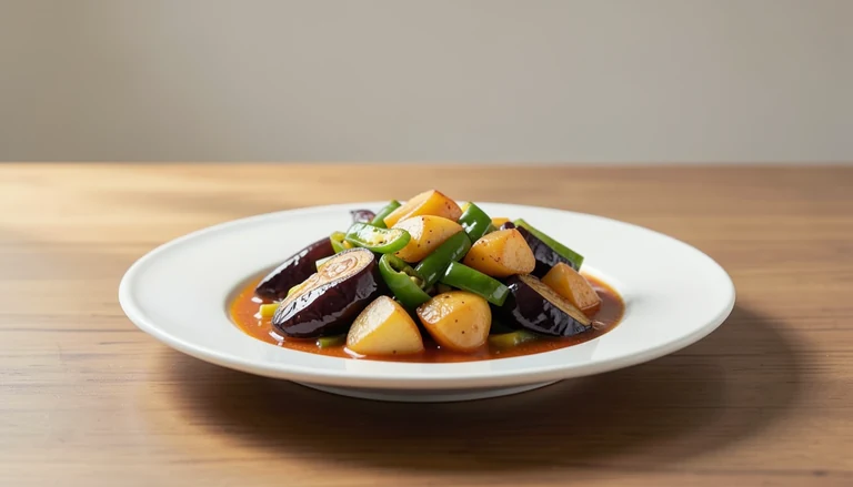 AI illustration of cooked eggplant, potato pieces and green peppers in a glossy sauce