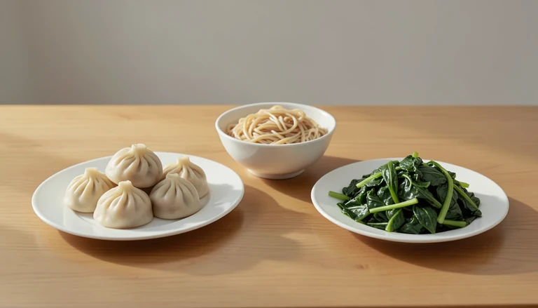 AI illustration of Illustration of a shared table with closed dumplings, noodles and cooked greens.
