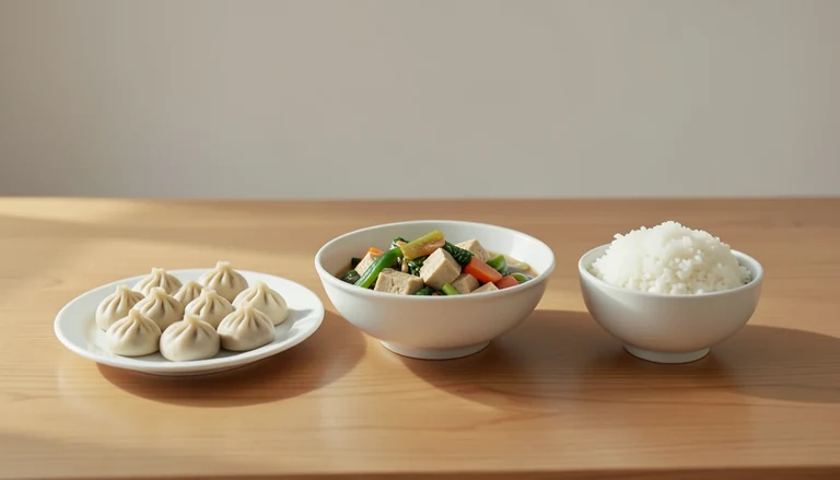 AI illustration of Illustration of closed pleated dumplings beside tofu and vegetables and rice.