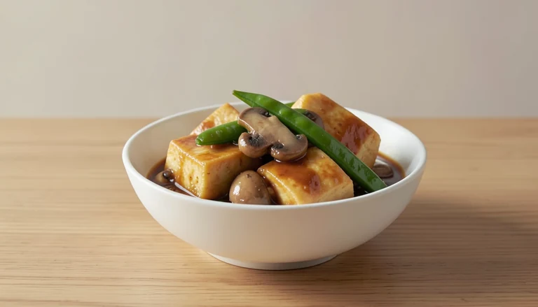 AI illustration of golden tofu pieces with mushrooms and snow peas in brown sauce