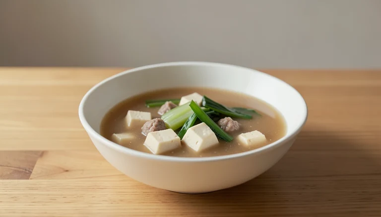 AI illustration of tofu and cooked meat with vegetables in broth