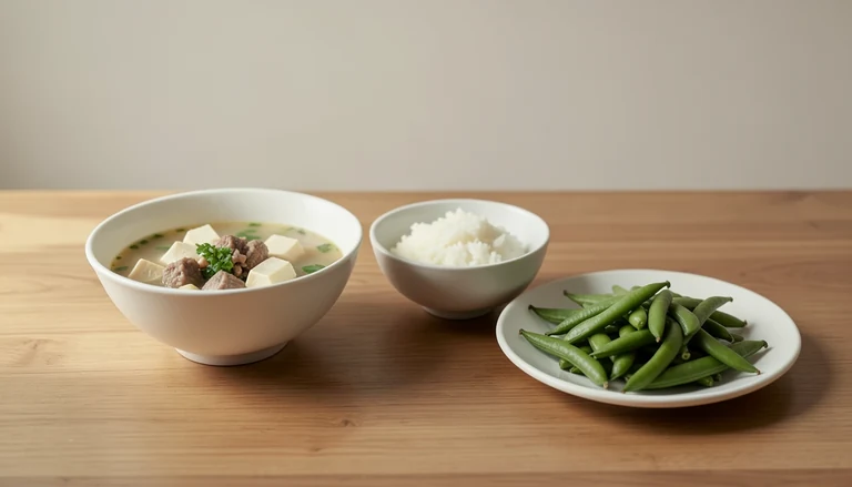 AI illustration of Illustration of a broth meal with tofu, rice and cooked green beans.