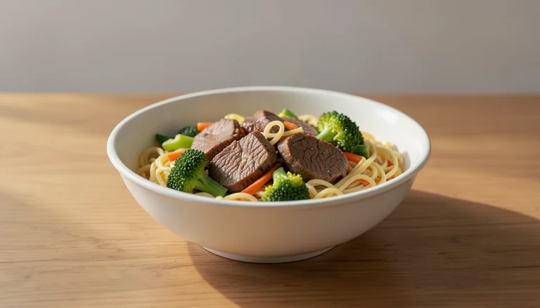 AI illustration of cooked beef, broccoli and noodles in a plain bowl