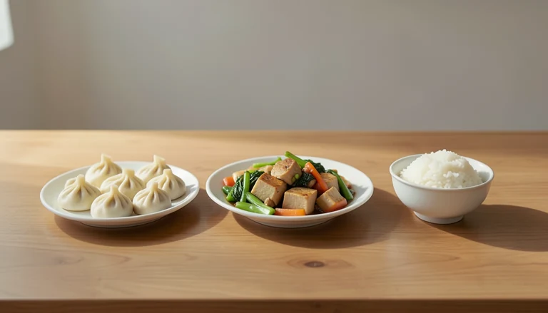 AI illustration of Illustration of a shared meal with closed dumplings, tofu and vegetables, and rice.