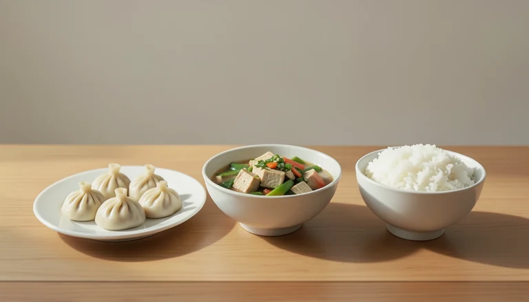 AI illustration of Illustration of a shared meal with closed dumplings, tofu and vegetables, and rice.