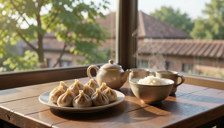 AI illustration of An imagined shared Chinese table: a plate of dumplings, a bowl of rice and a pot of tea in warm evening light, with no restaurant signage.