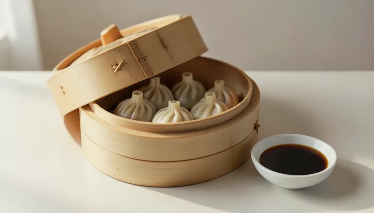 AI illustration of steamed dumplings in a bamboo steamer
