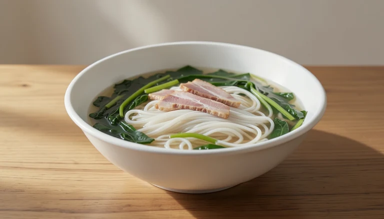 AI illustration of thin rice noodles in broth with leafy greens