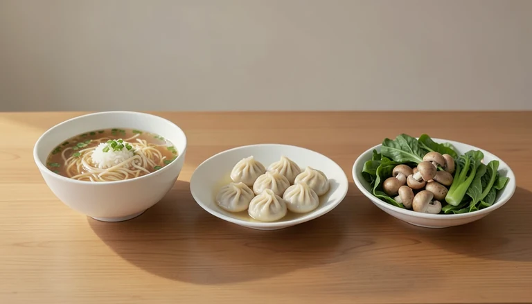 AI illustration of Illustration of a shared table with noodle soup, closed dumplings, mushrooms and greens.
