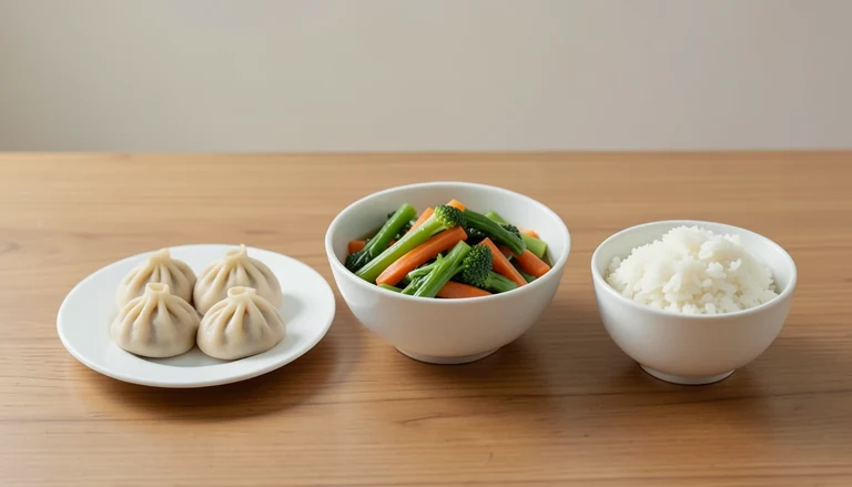 AI illustration of Illustrated shared table with closed dumplings, cooked vegetables and rice.