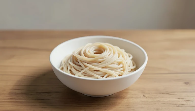 AI illustration of Illustration of cooked thin rice noodles in a plain bowl.