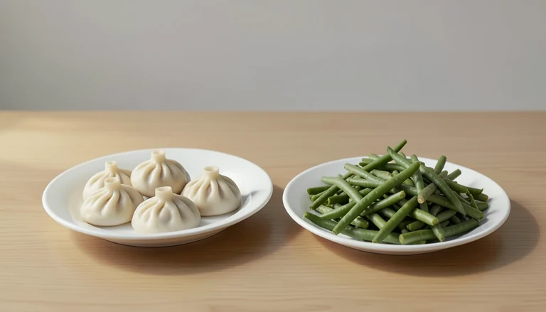 AI illustration of Generated food illustration of closed soup dumplings and dry-fried green beans.