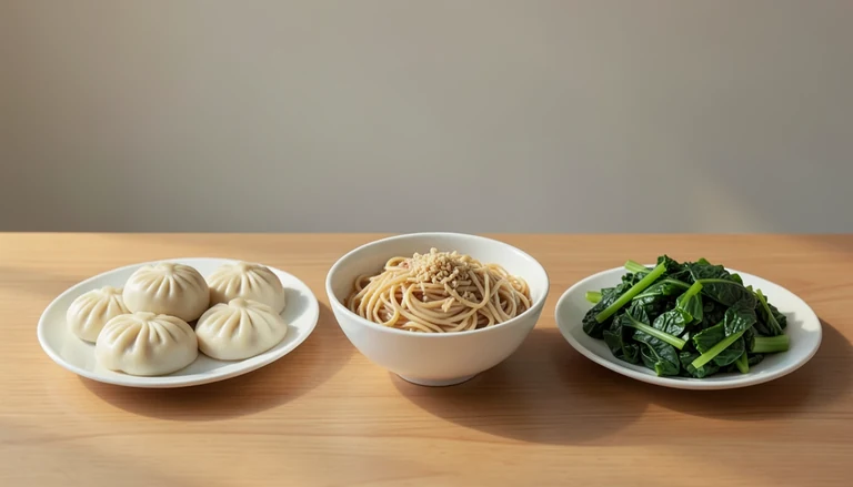 AI illustration of Illustration of a shared table with closed dumplings, noodles and cooked greens.