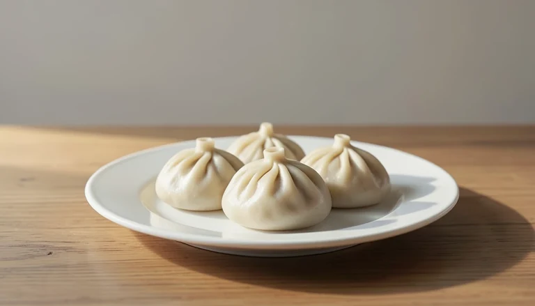 AI illustration of round pleated closed dumplings on a plain plate