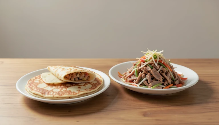 AI illustration of thin pancakes with cooked shredded pork and vegetables