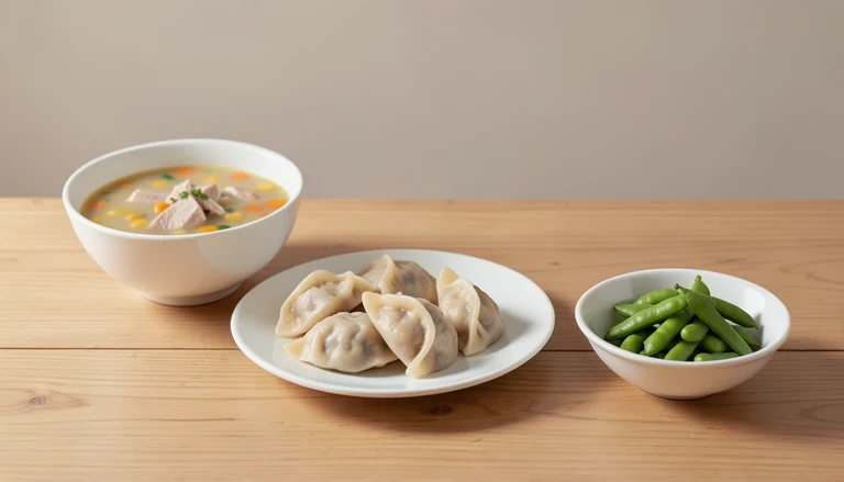 AI illustration of Illustration of a shared table with soup, crescent dumplings and green edamame.