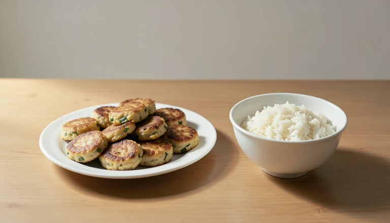 AI illustration of Generated food illustration of vegetable egg foo young and steamed rice.