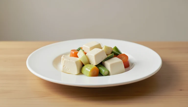 AI illustration of Generated food illustration of small cooked tofu pieces and softened vegetables.