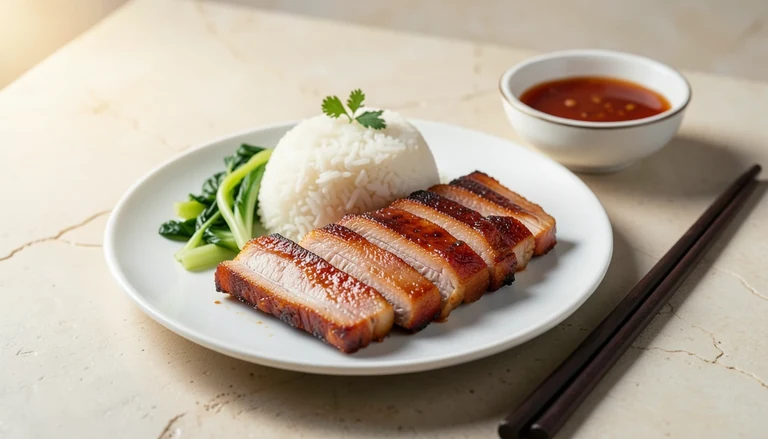 AI illustration of sliced char siu over rice with greens