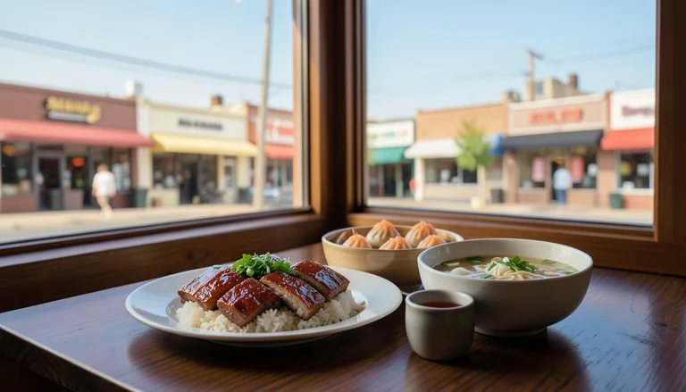 AI illustration of An imagined Chinatown lunch: a bamboo steamer of shrimp dumplings, a bowl of beef noodle soup, sliced roast duck over rice, and a pot of tea on a wooden table by a warm window.