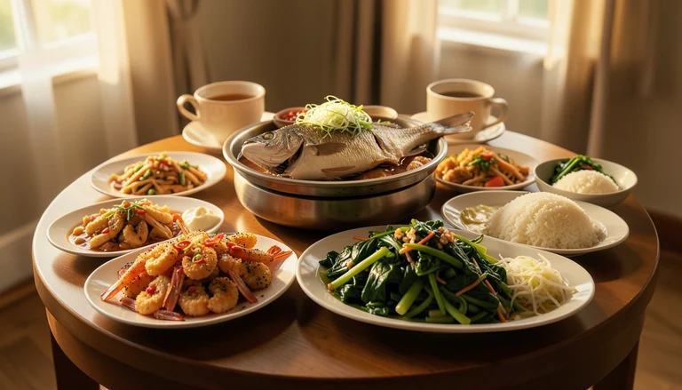AI illustration of Steam rising from bamboo baskets of dumplings and a bowl of red chili noodles on a shared table in a busy strip-mall dining room