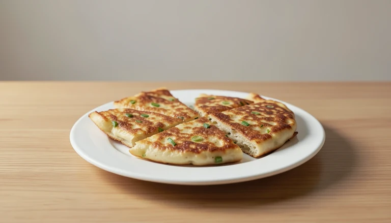 AI illustration of browned scallion pancake cut into wedges