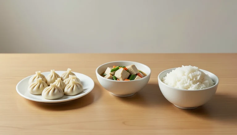 AI illustration of Illustration of closed pleated dumplings beside tofu and vegetables and rice.
