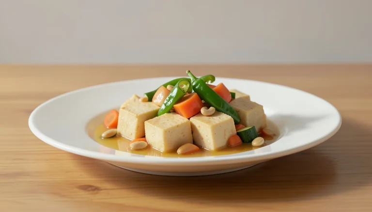 AI illustration of tofu pieces with peppers, carrots, zucchini and peanuts