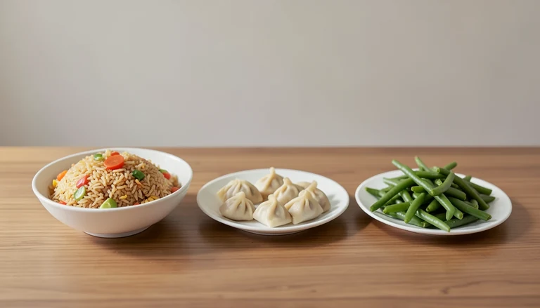AI illustration of Illustration of a shared meal with fried rice, dumplings and green beans.
