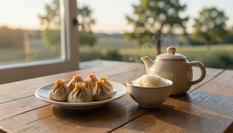 AI illustration of An imagined shared Chinese table: a plate of dumplings, a bowl of rice and a pot of tea in warm evening light, with no restaurant signage.
