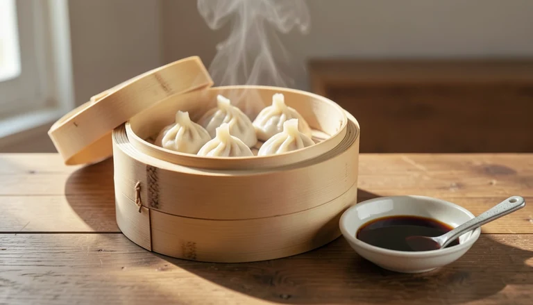 AI illustration of a bamboo steamer of pale steamed dumplings