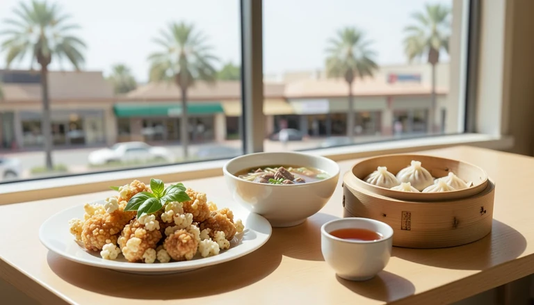 AI illustration of An imagined shared Chinese table: a bamboo steamer of soup dumplings, a bowl of hand-pulled noodles, cucumber salad, and a pot of tea in warm evening light, with no restaurant signage.