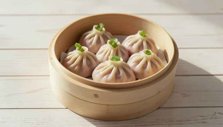 AI illustration of pork and scallion dumplings with green scallion in the filling